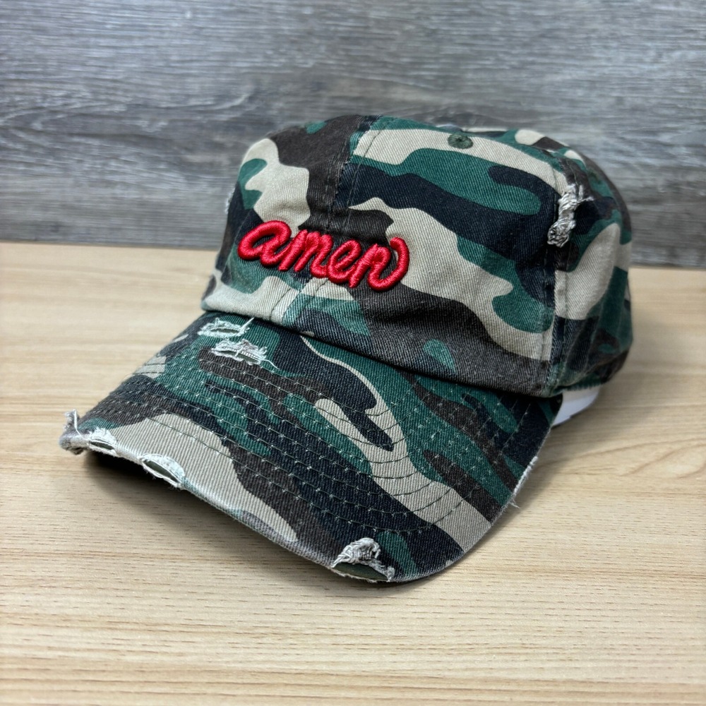 Jesus Hat Cap Strap Back Green Camo AMEN Distressed Baseball Cap